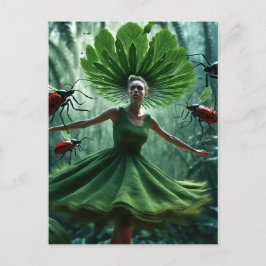 植物の虫のまわりにで作られたドレスで回転する女性 ポストカード
