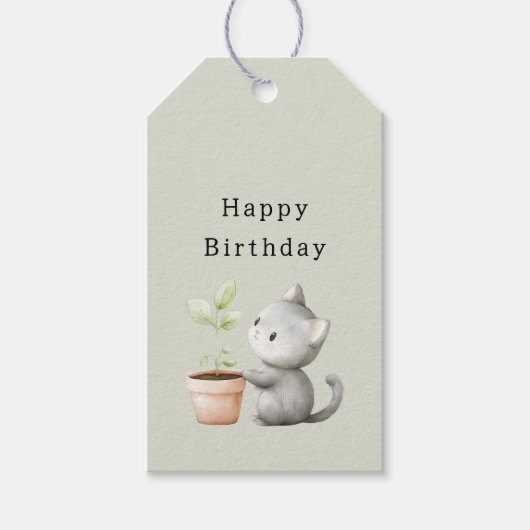 植物の誕生日と庭の猫 ギフトタグ (正面)