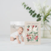 植物の赤い及びベージュ花柄及び鳩 シーズンポストカード (スタンド正面)