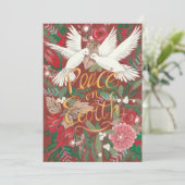 植物の赤い平和の地球 | 2羽の鳩と花のクリスマスカード シーズンカード (スタンド正面)