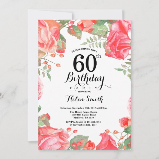 植物の赤い花の60歳の誕生日招待状 招待状 (正面)
