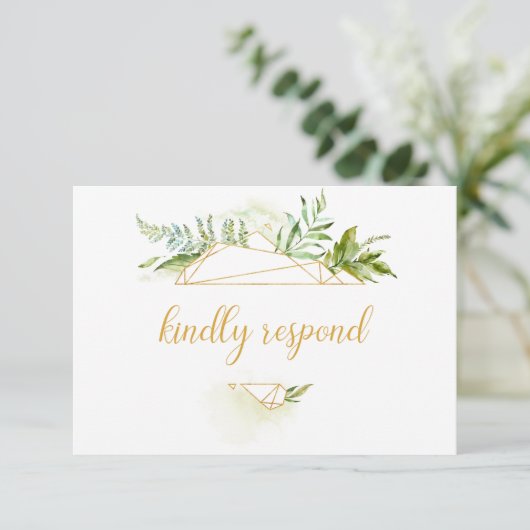 植物の金ゴールドの幾何学的な水晶RSVP 出欠カード (スタンド正面)