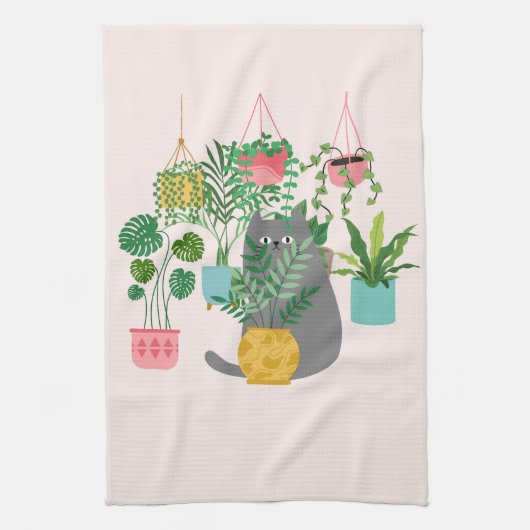 植物の間で笑える猫 キッチンタオル (縦)
