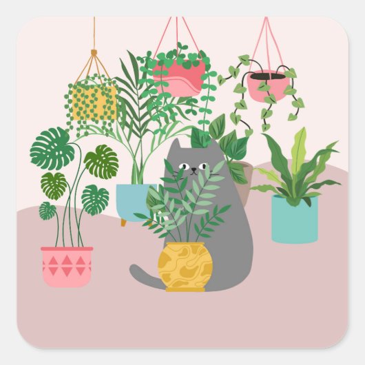 植物の間に隠れた猫が面白い スクエアシール (正面)