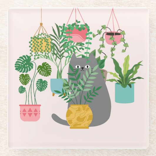 植物の間のおもしろい猫 ガラスコースター (正面)