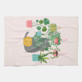 植物の間のおもしろい猫 キッチンタオル (横)