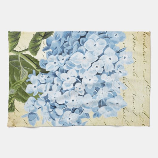 植物の青いアジサイの花のヴィンテージ キッチンタオル (横)