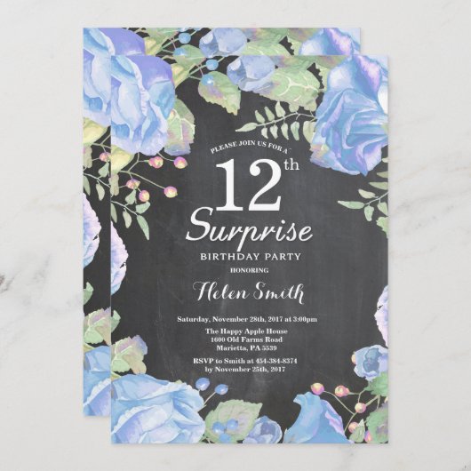 植物の青い花の驚きの第12誕生日 招待状 (正面/裏面)