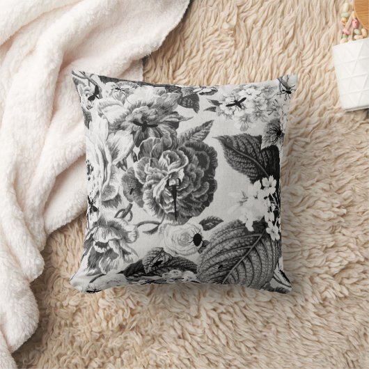 植物の黒く及び白いヴィンテージ及び虫の花柄Toile クッション (ブランケット)