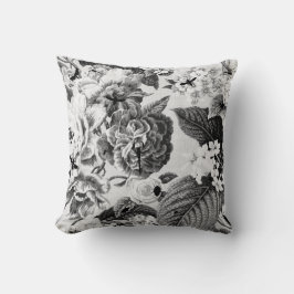 植物の黒く及び白いヴィンテージ及び虫の花柄Toile クッション