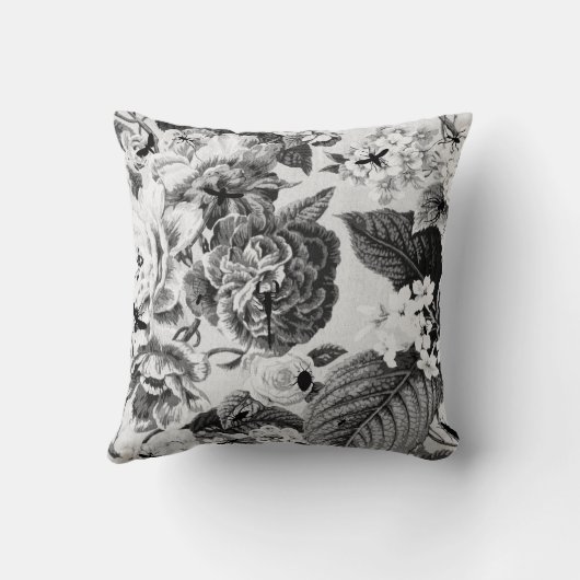 植物の黒く及び白いヴィンテージ及び虫の花柄Toile クッション (裏面)