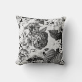 植物の黒く及び白いヴィンテージ及び虫の花柄Toile クッション (正面)