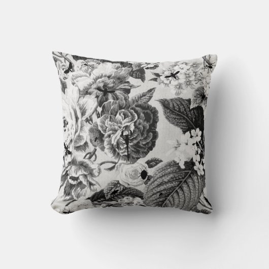 植物の黒く及び白いヴィンテージ及び虫の花柄Toile クッション (正面)