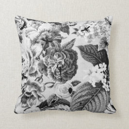 植物の黒く及び白いヴィンテージ及び虫の花柄Toile クッション