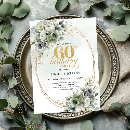 植物の60歳の誕生日グリーン&ゴールド招待状 招待状