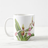 植物のLadysのスリッパ蘭によっては花柄が開花します コーヒーマグカップ (左)