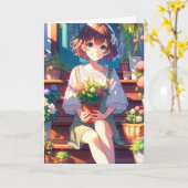 植物を持つかわいい考えアニメの少女|過去記事 カード (黄色い花)