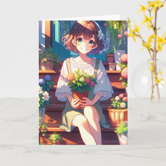 植物を持つかわいい考えアニメの少女|過去記事 カード (黄色い花)