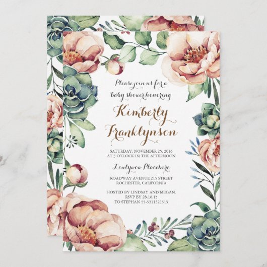 植物アイボリーフローラ水彩秋ベビーシャワー 招待状 (正面/裏面)