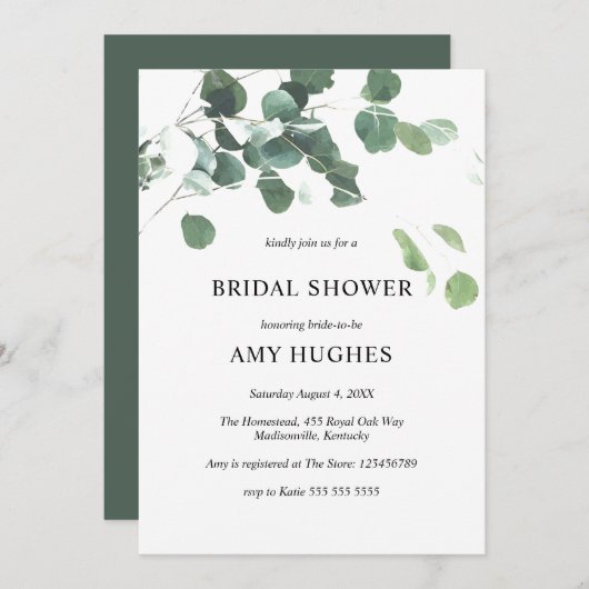 植物イラストのユーカリグリーンウェディングシャワー招待状 招待状 (正面/裏面)