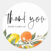 植物オレンジとレモンのベイビーシャワーのお礼 ラウンドシール (正面)