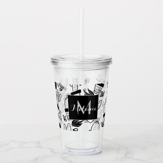 植物サボテンのドードルズハンドドロー名モノグラム アクリルタンブラー (正面)