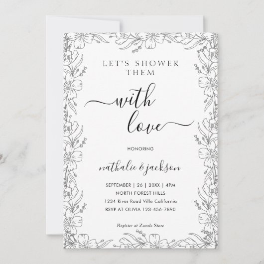 植物スケッチフローラフレームカップルのシャワーブライダル 招待状 (正面)