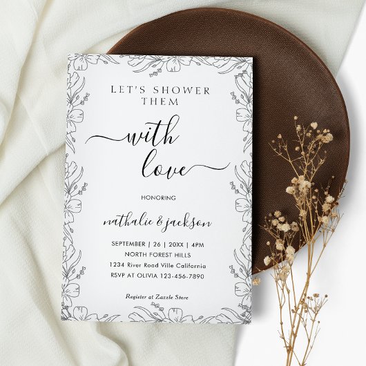 植物スケッチフローラフレームカップルのシャワーブライダル 招待状
