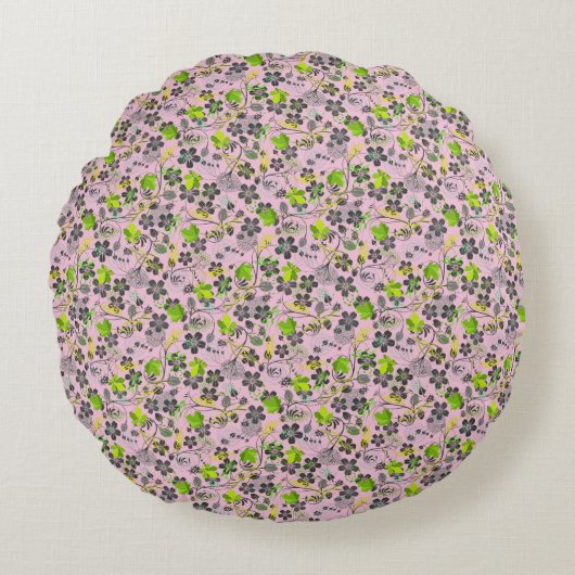 植物パターンA03.bピンクBG ラウンドクッション (正面)