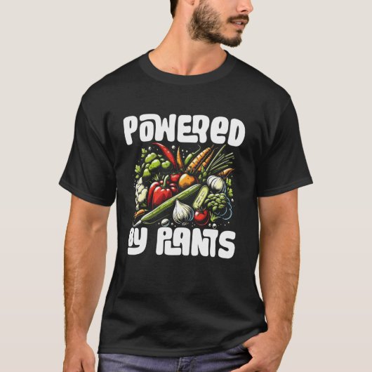 植物パワーで動く 面白いヴィーガン+ベジタリアン Tシャツ (正面)