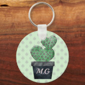 植物ポットの水色サボテンパターン(の模様が)ある キーホルダー (正面)