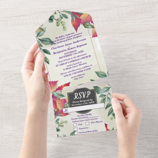 植物モダンな秋の落ち葉のウェディング オールインワン招待状 (貼ってはがせる)