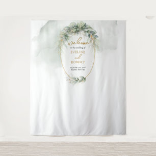 植物モダンの緑の葉の金ゴールド楕円の背景 タペストリー