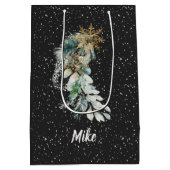 植物モダンの葉の雪片メリークリスマス ミディアムペーパーバッグ (裏面)