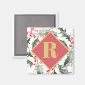 植物モノグラム入りクリスマスのヒイラギ マグネット (正面/裏面)