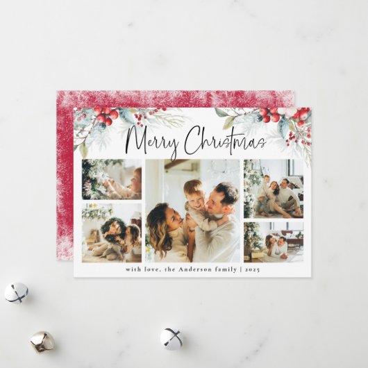 植物写真エレガントコラージュ赤クリスマス シーズンカード (正面/裏面インサイチュ)