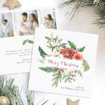 植物写真クリスマスカード<br><div class="desc">植物写真クリスマスカード。レッドホリデーの水の色の植物性クリスマスカードコレクションからこの正方形のカードで季節の本質をキャプチャ。正面には赤いエレガント花と緑の花で囲まれた「メリークリスマス鮮やか」の台本が飾られ、クラシックと永遠の挨拶を提供している。背中には3枚の大切な写真の宇宙と心のこもったメッセージがあり、思い出と休日の願い事の両方を共有するのに最適な方法である。この美しいトレンドデザインは、今年のホリデーシーズンに愛する人々に暖かさと喜びを与えるカードにしよう。祝スタイルでは、あなたの休日の挨拶を本当に忘れられない。</div>