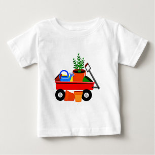 植物及び園芸工具が付いている赤いワゴン ベビーTシャツ