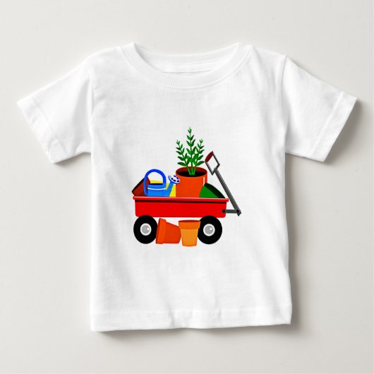 植物及び園芸工具が付いている赤いワゴン ベビーTシャツ (正面)