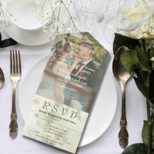 植物四葉クローバーグリーンチャートルーズフォト オールインワン招待状