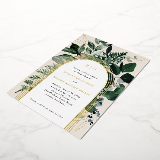 植物園の葉の弓形の結婚式招待状 箔招待状 (回転した状態)