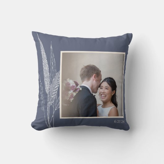 植物園 ネイビー カスタム ウェディング カップル フォト クッション (正面)