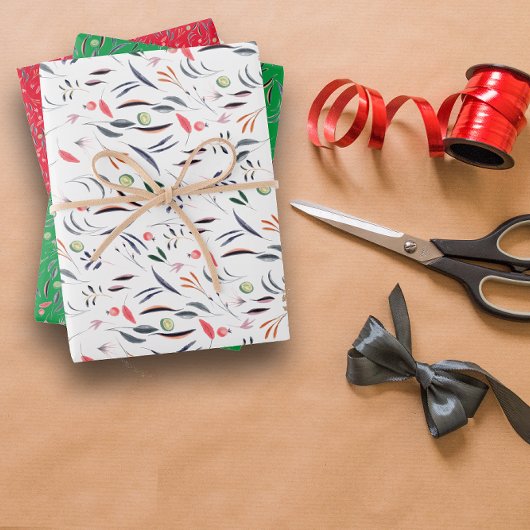 植物型赤グリーン白ラッピング紙 ラッピングペーパーシート