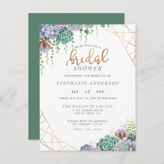 植物多肉類&金ゴールドスクリプトブライダルシャワー インビテーションポストカード (正面/裏面)