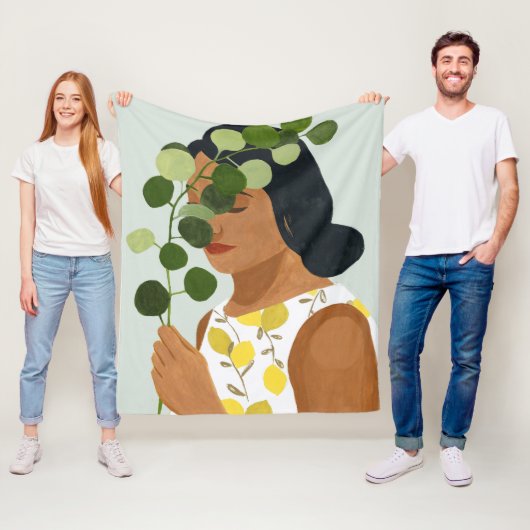 植物学のポートレート-緑の草木を搭載する女性 フリースブランケット (インサイチュ)