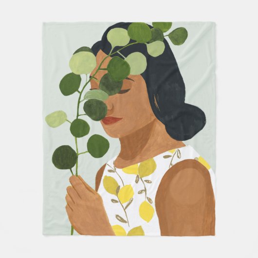 植物学のポートレート-緑の草木を搭載する女性 フリースブランケット (正面)