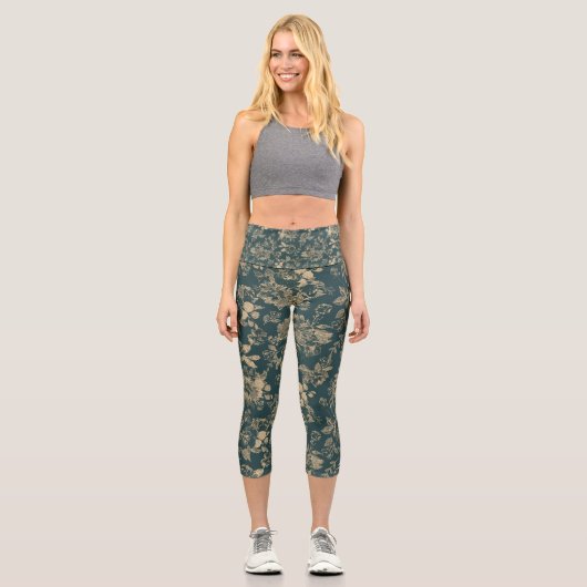 植物学エレガントの |フォレストグリーンセピア金ゴールドフローラ カプリレギンス (正面)