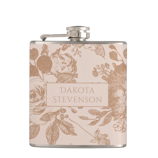 植物学エレガントの |赤面ピンクローズ金ゴールドフローラ フラスク (正面)