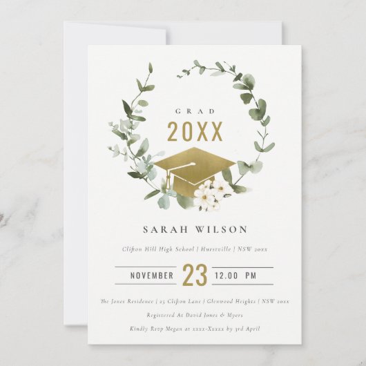 植物学エレガントリース金ゴールド卒業パーティー 招待状 (正面)