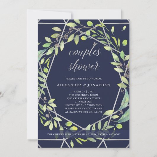 植物学モダンの |シルバーとブルーのカップルのシャワー 招待状 (正面)
